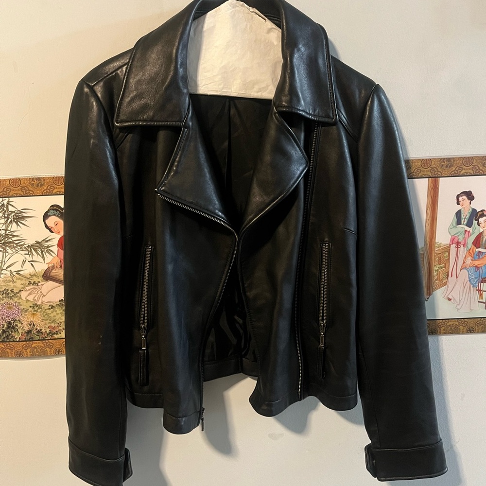 Preston & York Black Leather Biker Jacket with Notched Collar